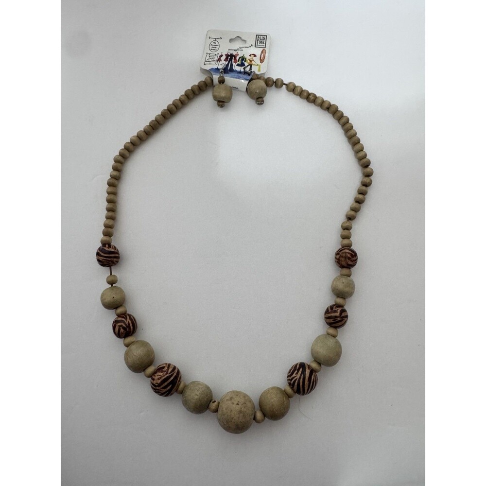 Plus One Collection Wooden Bead Jewelry Set Necklace Earrings Zebra Stripe Boho